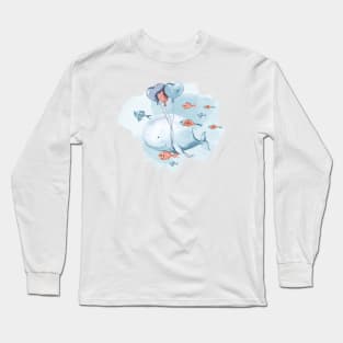 Cute watercolor birthday whale illustration Long Sleeve T-Shirt